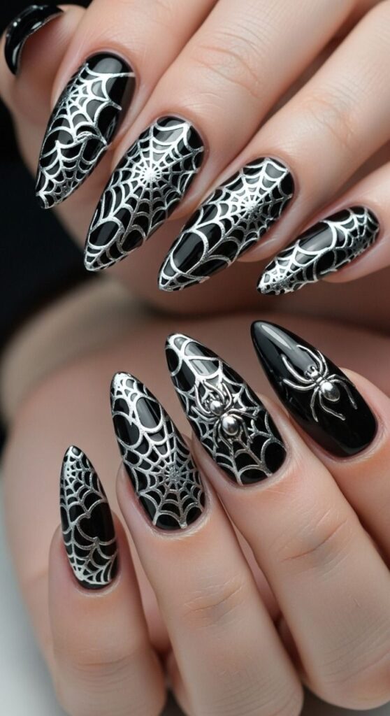 Black Nails with Silver Web Designs