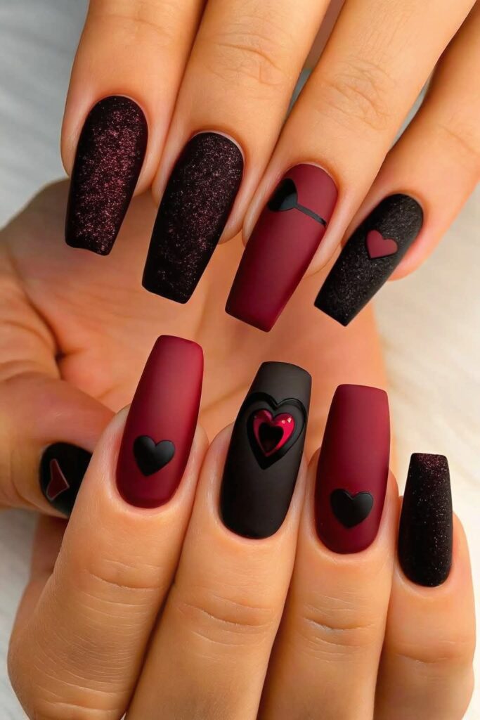 Matte Crimson Nails with Black Art