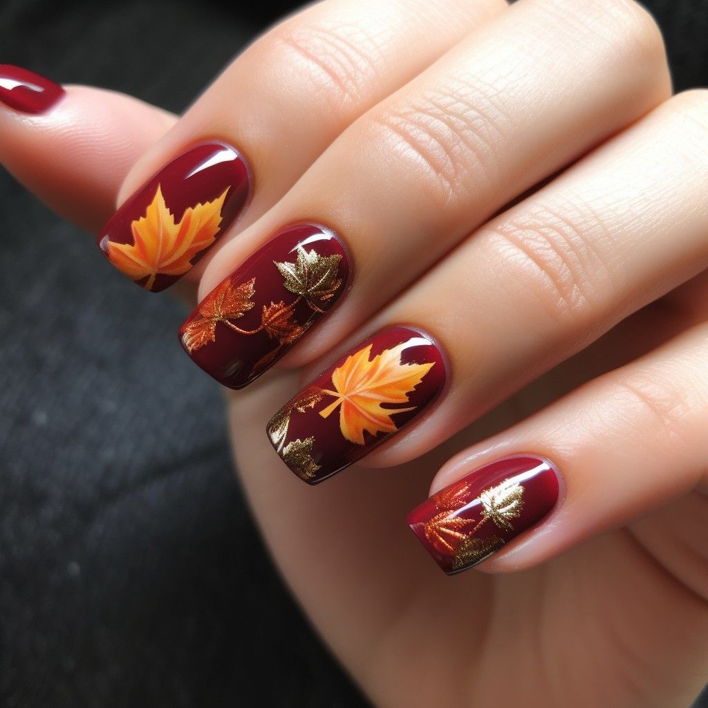 Red Nails with Leaf Art