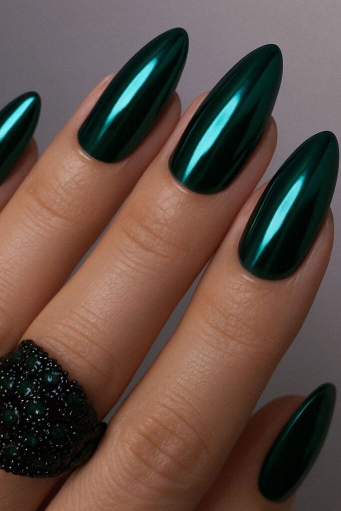 Dark Green Chrome Nails