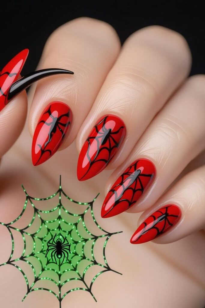 Spider Accent Red Nails