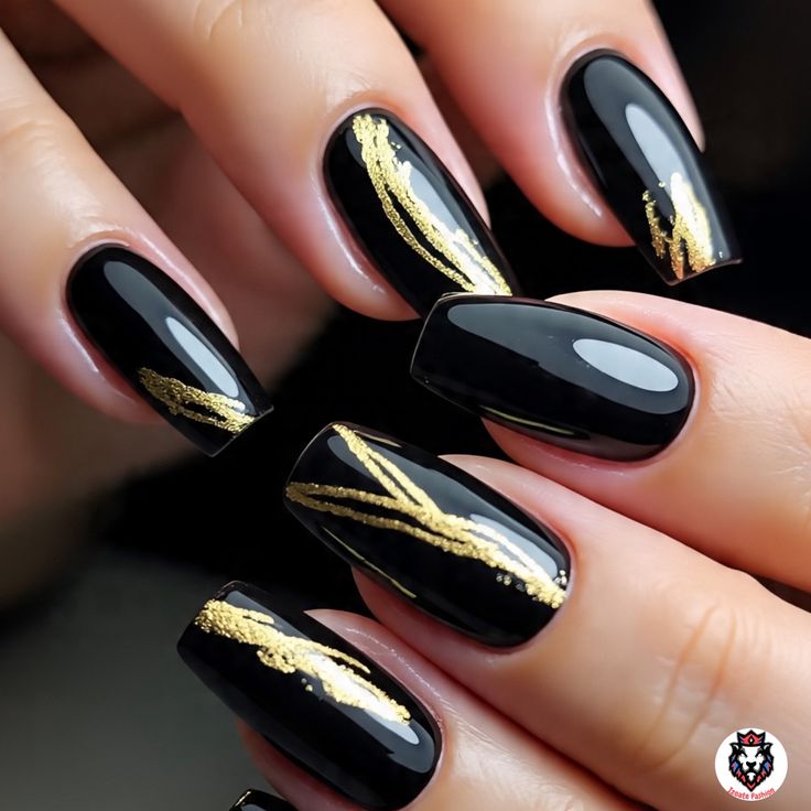Black Nails with Gold Foil