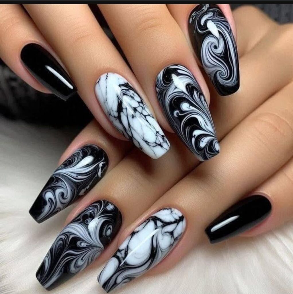 Marble Black and White Nails