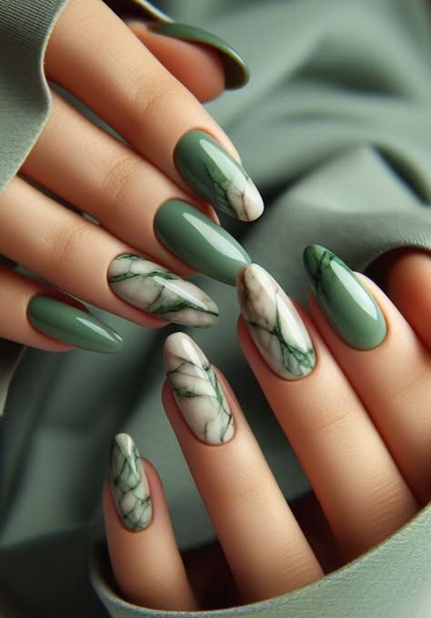 Olive Green Marble Nails