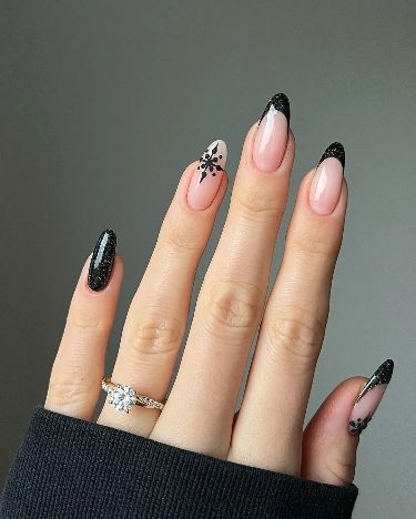 Black French Tips with Snowflake Art