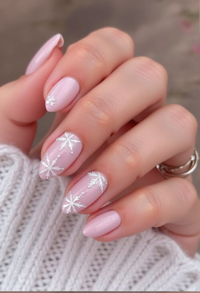 Pink and White Snowflake Nails