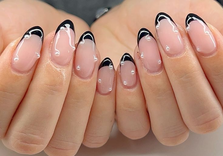Black French Tips with Pearl Details