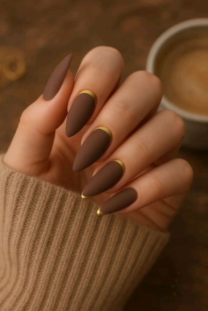 Matte Chocolate Nails with Gold Details
