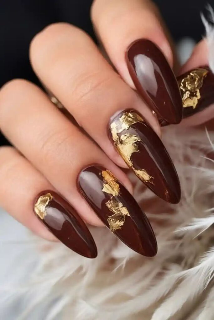 Brown Nails with Gold Foil
