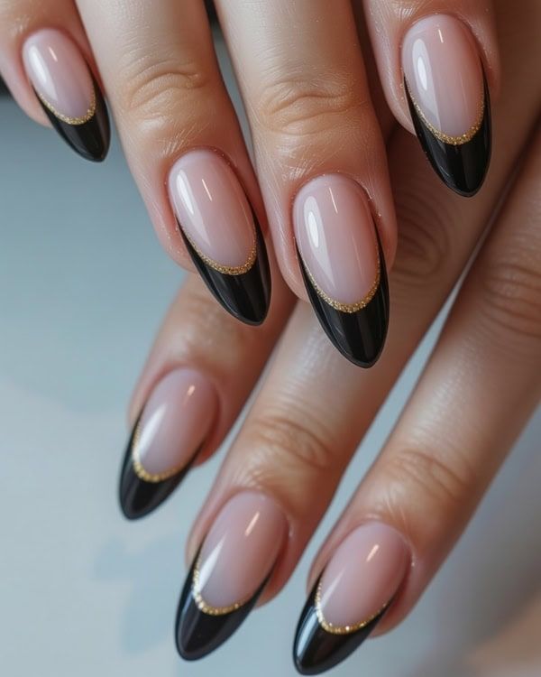 Black French Tips with Gold Lines