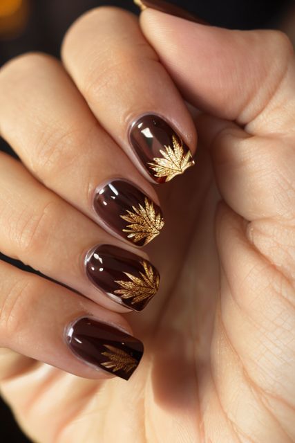 Brown Nails with Leaf Accents