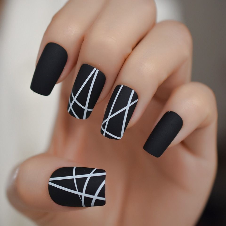 Short Black Nails with Frost Inspired White Lines