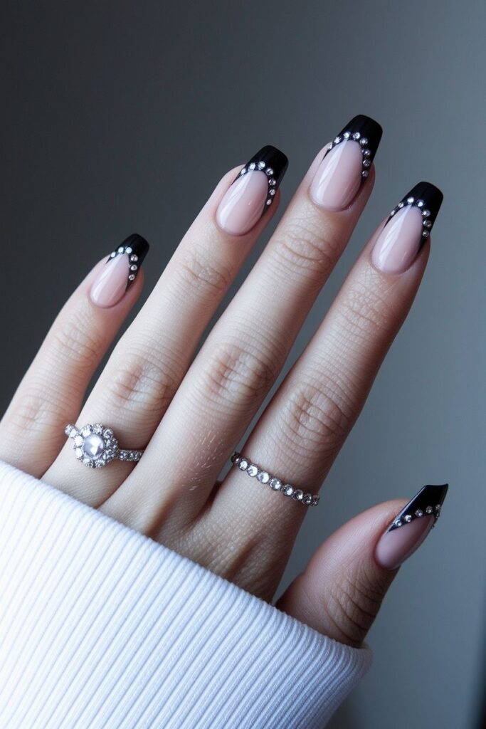 Black French Tips with Rhinestones