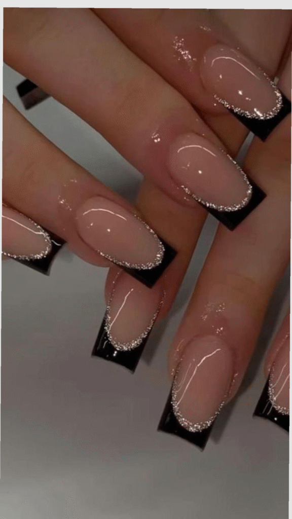 Black French Tips with Silver Glitter