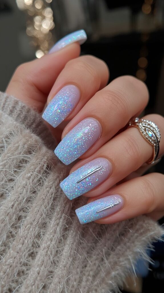 Icy Blue Glitter Accent Nails