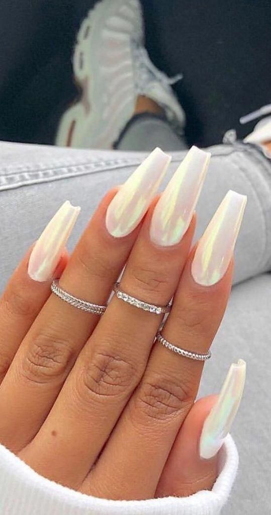 Pearl White Coffin Nails