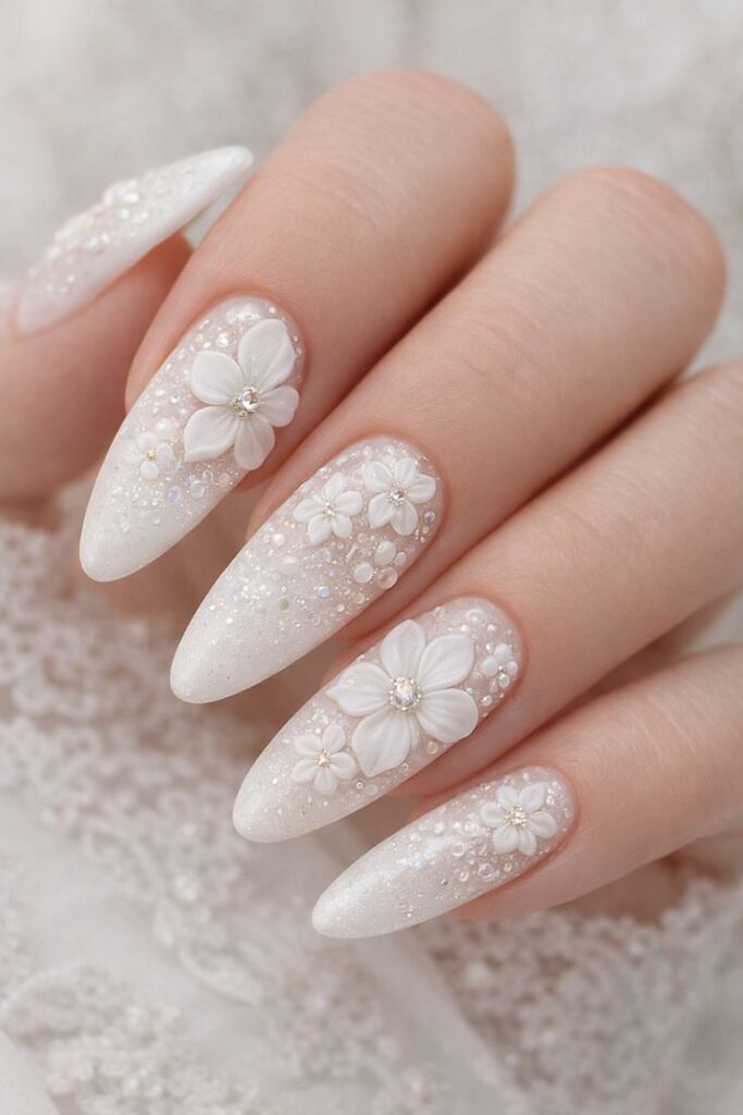 White Floral Detail Nails