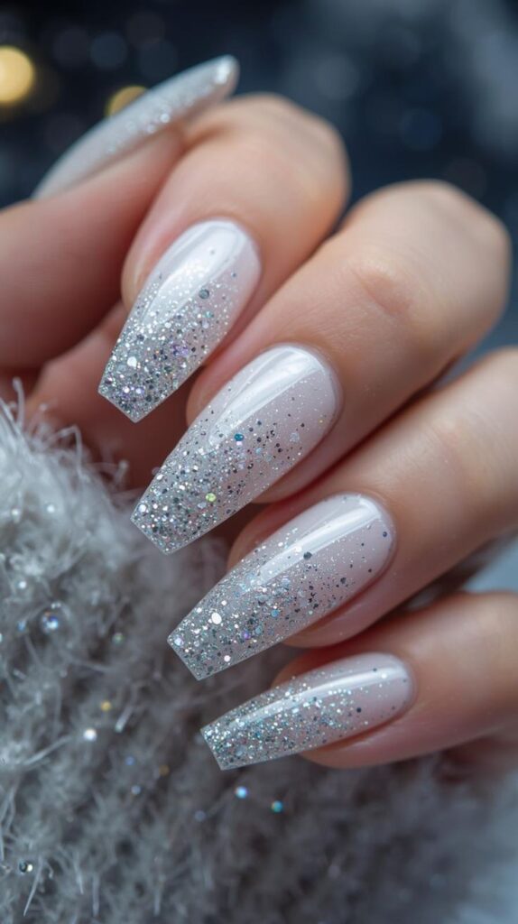 White Glitter Snowfall Nails