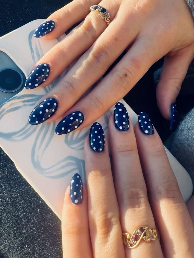 Matte Navy Polka Dot Almond Nails