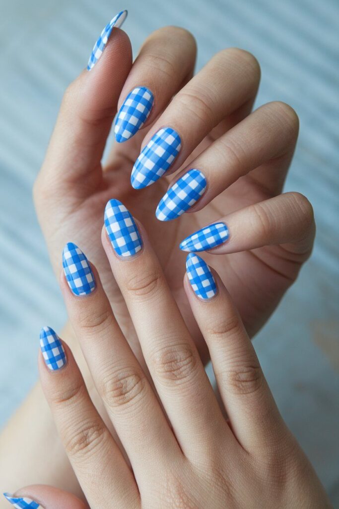 Blue Gingham Short Nails