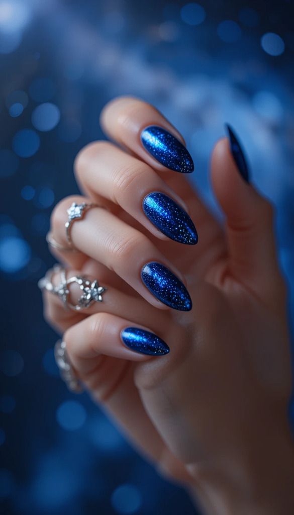 Midnight Blue Stardust Nails
