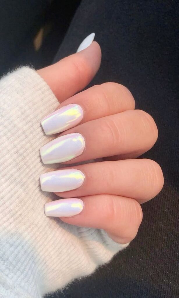 White Chrome Sheen Nails