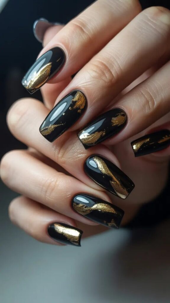Black and Deep Gold Accent Nails