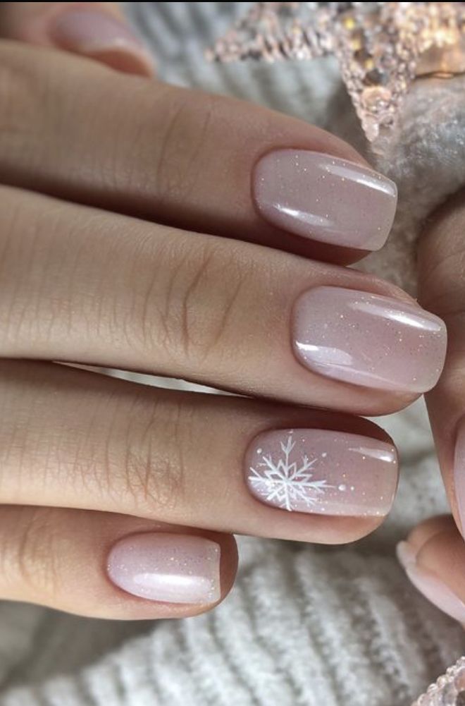 Nude Gel Nails with Subtle Christmas Art