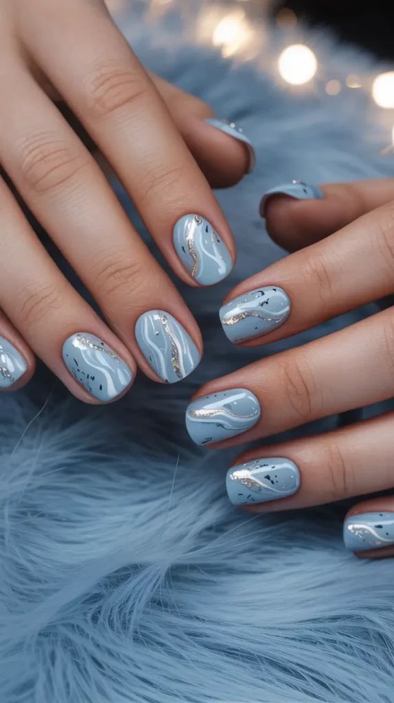 Soft Sky Swirls On Short Nails