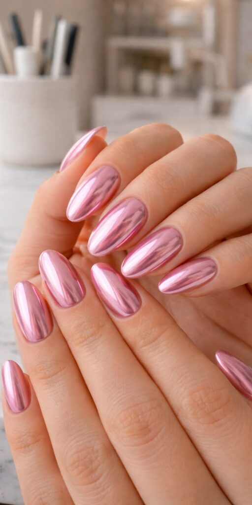 Pink Chrome Oval Nails