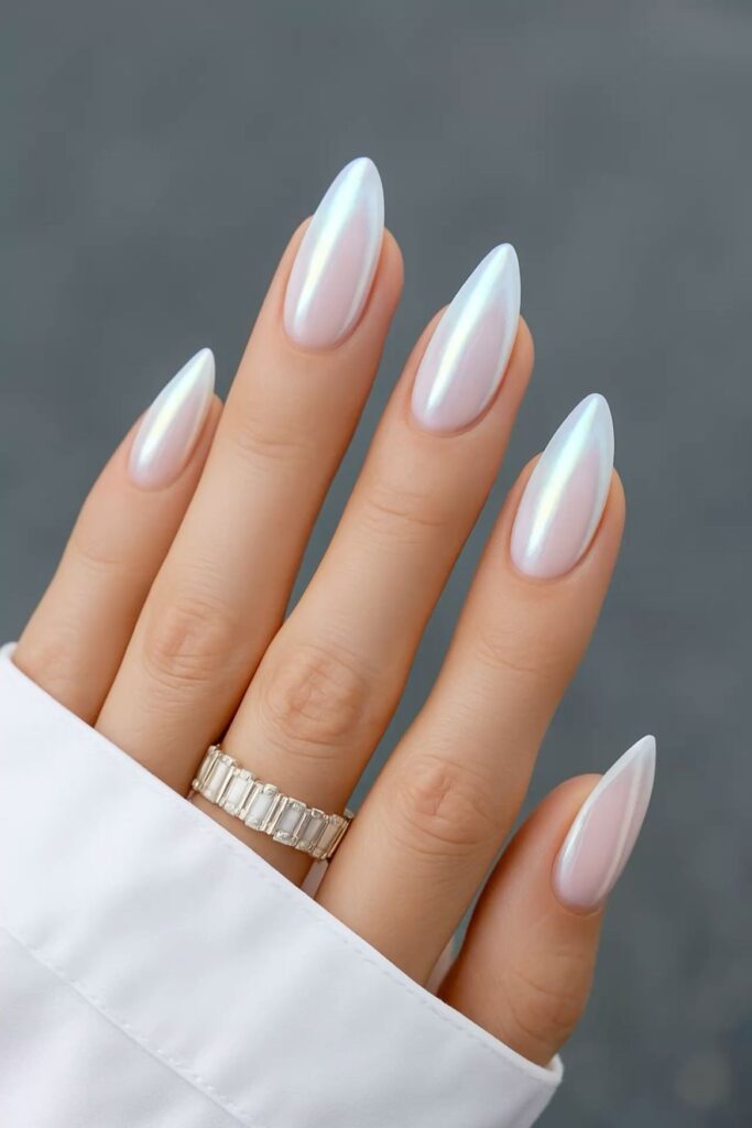 White Chrome Almond Nails