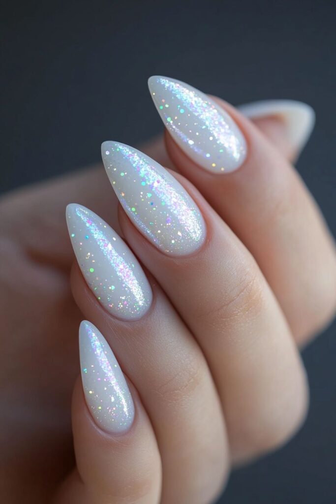 White Glitter Accent Nails