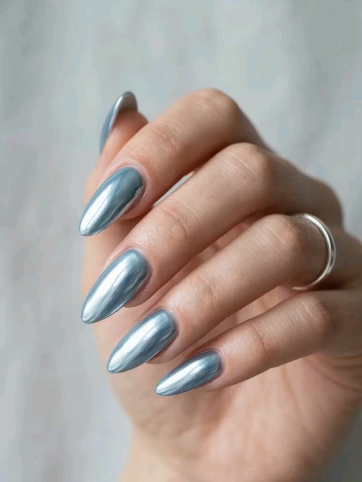 Icy Blue Chrome Almond Nails