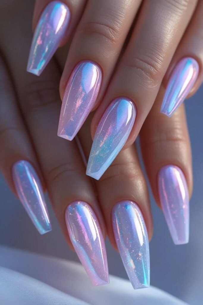 Holographic Chrome Coffin Nails