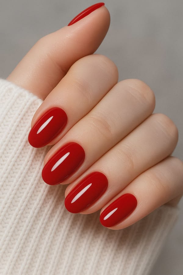 Glossy Red Short Oval Nails